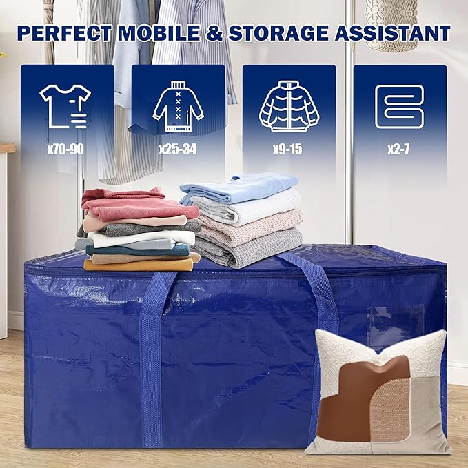 16 Pack Extra Heavy Duty Large Moving Bags with Strong Zipper & Carrying Handles, Sturdy Clothes Storage Bags Totes Bins, Packing Moving Boxes College Supplies, Dark Blue - 40 gal-NeatNest