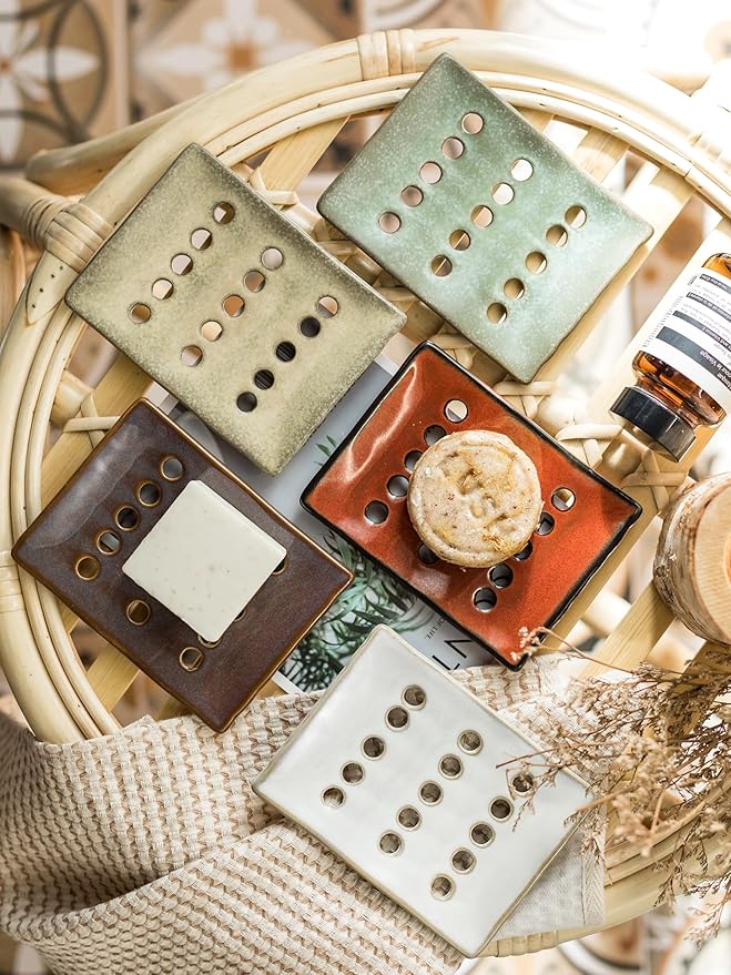 Ceramic Soap Dish with Self Drain for Shower, Bar Soap Holder to Lift and Keep Dry, Concave Design to Prevent Slipping, Suitable for Kitchen and Bathroom, Green-NeatNest