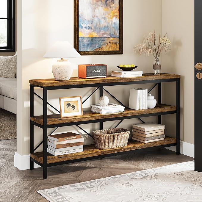 3-Tier Console Table, 55.1" Entryway Table with Metal Frame and Open Shelves, Modern Behind Couch Sofa Table for Living Room, Hallway, Foyer, Entrance, Industrial, Bookshelf, Rustic Brown-NeatNest