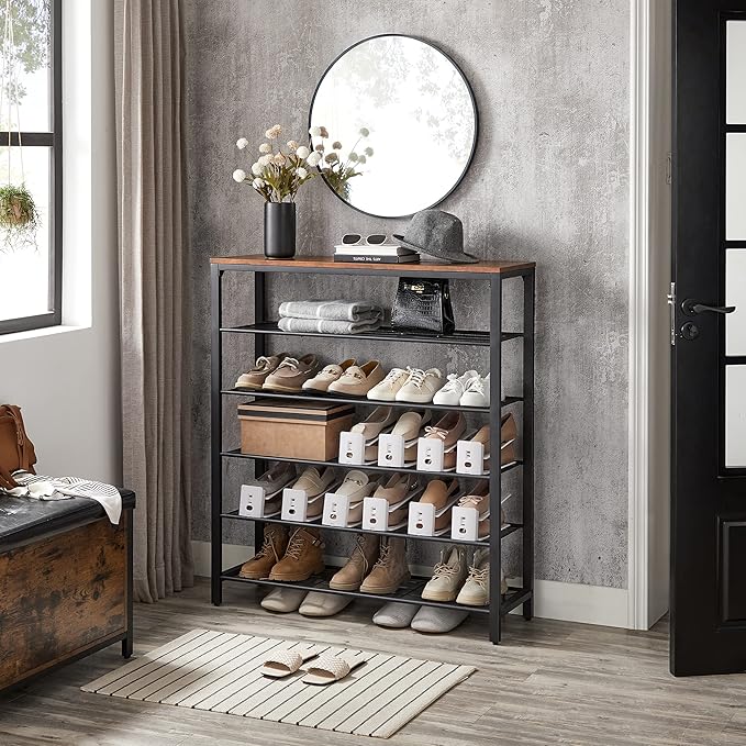 VASAGLE 6-Tier Shoe Rack, Shoe Organizer for Closet, Entryway, 24-30 Pairs of Shoes, Large Shoe Rack Organizer with 5 Metal Mesh Shelves, 11.8 x 39.4 x 43.3 Inches, Rustic Brown and Black ULBS016B01-NeatNest