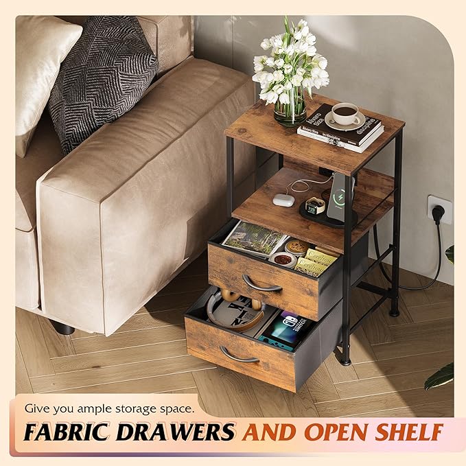 WLIVE Night Stand Set of 2 with Charging Station, LED Nightstand Sets with 2 Fabric Drawers and Storage Shelf, Small Bedside Tables for Small Spaces, Dresser for Bedroom, Rustic Brown