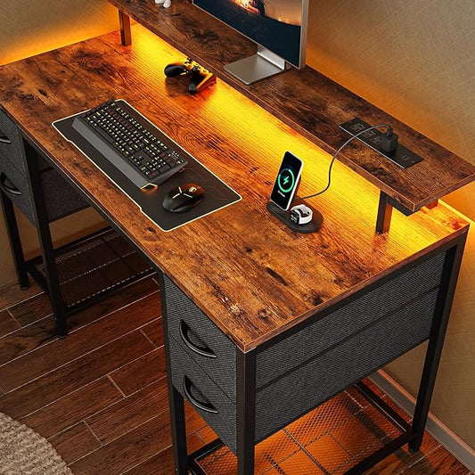 Huuger 47 inch Computer Desk with 4 Drawers, Gaming Desk with LED Lights & Power Outlets, Home Office Desk with Large Storage Space for Bedroom, Work from Home, Rustic Brown and Black-NeatNest