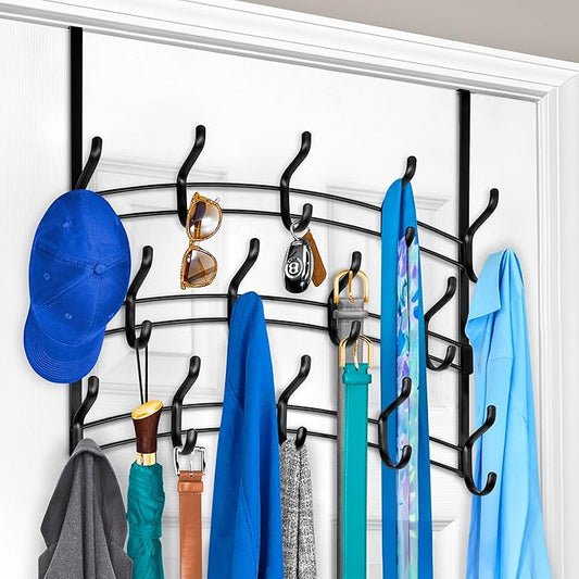 LYNK Professional® Home™ Over Door Hooks Rack - 28 Hook Over Door Hanger - Over Door Towel Rack - Hanging Towels or Clothes - Bathroom, Bedroom or Laundry Room - Lifetime Ltd. Warranty - Black
