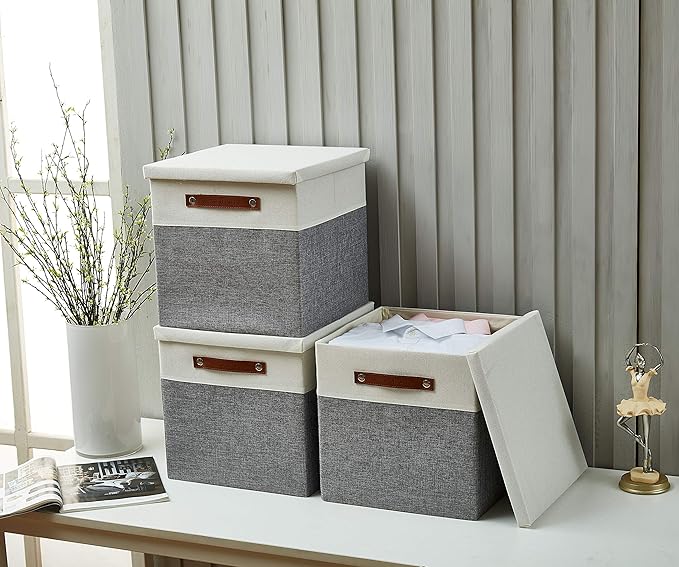 DECOMOMO Storage Basket with Lid, Storage Cubes with Handles, Fabric Box with Lid (Grey and White, 11” / 3 Pack)-NeatNest