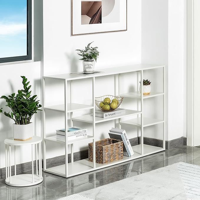 47 Inch Metal Console Table with 8 Storage Shelves,Extra Long Entryway Table,Narrow Sofa Table,Hallway Table for Entrances to Corridor,Foyer,Living Room (White, 47.24×11.81×31.5in)-NeatNest