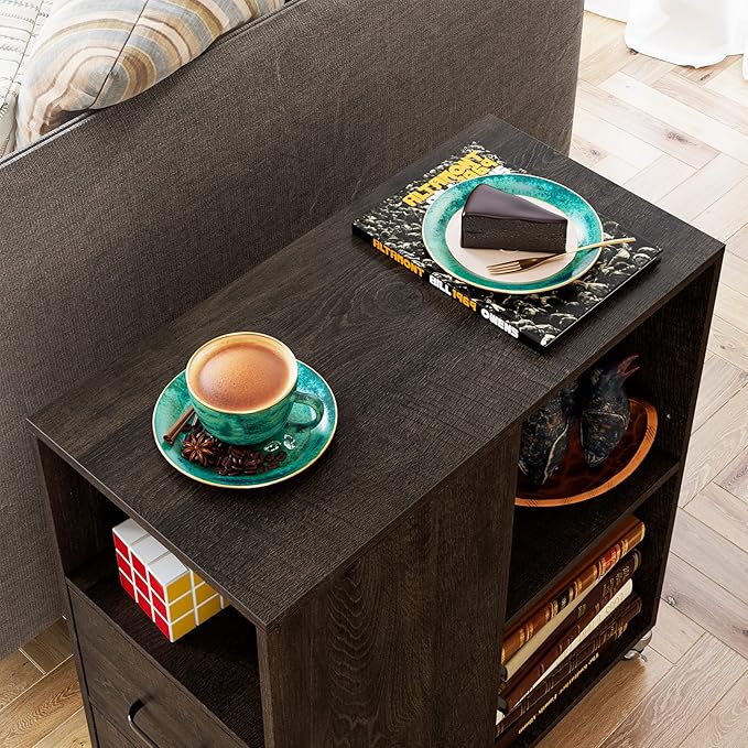 HOSTACK End Side Table, Narrow Nightstand with Storage Drawers and Adjustable Shelf, Rolling Bedside Table for Bedroom, Living Room, Home Office, Dark Brown, Set of 2