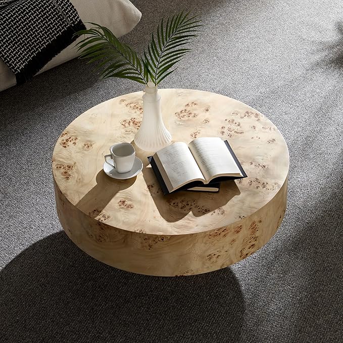 Coffee Table, 31.49'' Round Coffee Table with Burl Wood Veneer for Living Room, Handcrafted Relief Carving, Easy Assembly, Natural-NeatNest