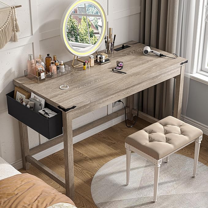 EnHomee 32 Inch Small Desk with Detachable Storage Bag, Modern Simple Computer Desk with Power Outlet, Study Writing Table for Small Spaces, Study Desks for Bedroom, Ash Gray-NeatNest