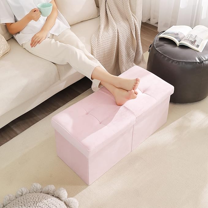 CUYOCA Storage Ottoman Bench Foldable Seat Footrest Shoe Bench End of Bed Storage with Flipping Lid, 75L Storage Space, 30 inches Velvet Pink-NeatNest
