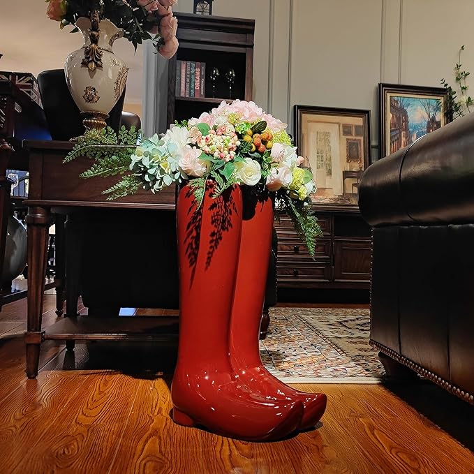 Ceramic Boot Umbrella Stand Boots Vase Freestanding Umbrella Bucket Ceramic Umbrella Rack Home Decor Piece for Home Decor, Office, Apartment, Hotel, Bars, Red-NeatNest