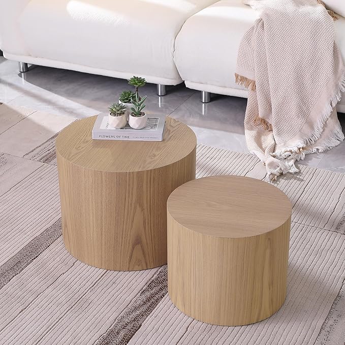 2-Piece Round Nesting Coffee Table, Circle End Table Wood Accent Table, Minimalist Side Table Set for Small Spaces, Living Room, Apartment(Oak)