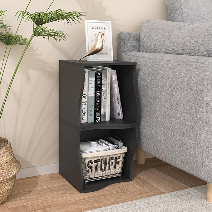 2 Cube Storage Organizer Shelf, Stackable Wooden Bookshelf, Modular Bookcase for Bedroom, Living Room, Office, Study (Black)-NeatNest