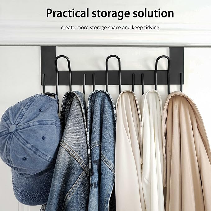 SKOLOO Over The Door Hooks - for Doors up to 1-3/4'' Thickness, Metal Door Hanger with 9 Hooks, Over The Door Hanger for Coats, Hats,Towels, Black