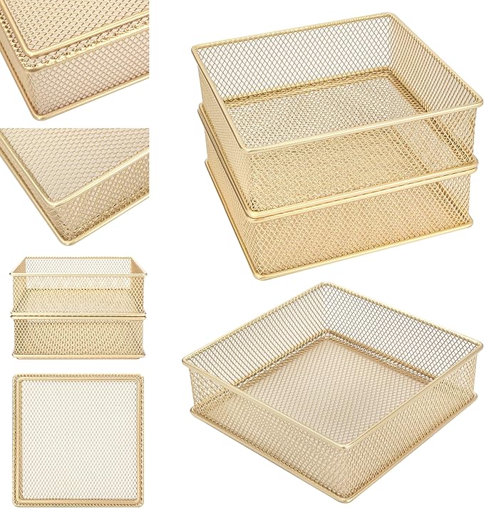 Annova Mesh Stackable Drawer Cabinet and Shelf Organizer Bins Storage Basket School Office Supply Holder Tray- Set of 2 (Gold, 6x6x2 Inch)-NeatNest
