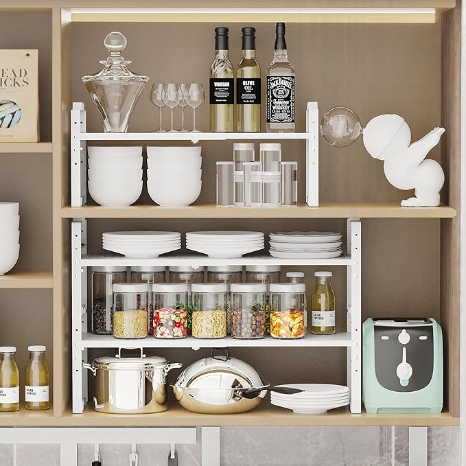Expandable Shelf for Cabinet Organizer Adjustable Stackable Spice Rack at Kitchen and Bathroom More, Counter Countertop Cupboard Organization Pantry Storage(3 Packs/White,Medium)-NeatNest
