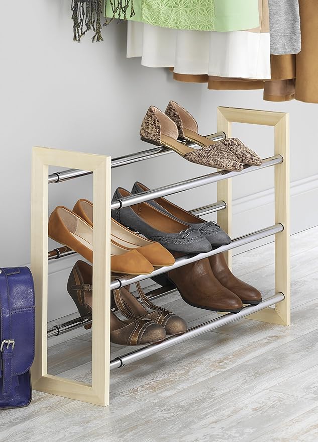 Whitmor 3 Tier Expandable Shoe Rack -Stackable - Natural Wood and Chrome-NeatNest