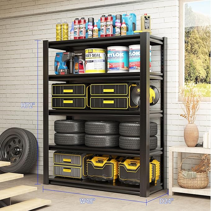 72" H Metal Storage Shelving, 3000LBS Heavy Duty Shelves Unit, Adjustable 5 Tier Storage Rack, Industrial Utility Shelf for Garage, Warehouse, Bedroom, Kitchen,24" D×48“W×72”H, Black-NeatNest