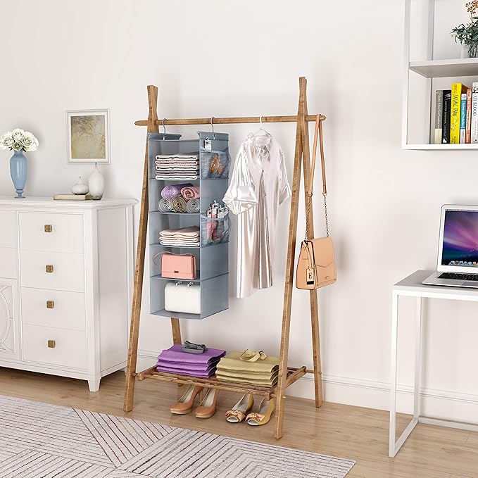 MAX Houser 5 Shelf Hanging Closet Organizer,Space Saver, Closet Hanging Shelves with (4) Side Pockets,Foldable,Light Grey-NeatNest
