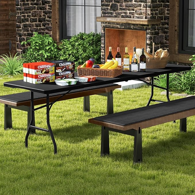 Goplus 8ft Plastic Folding Table, 350 LBS Outdoor Heavy Duty Folding Tables with HDPE Tabletop, Handle, Lock, Foldable Rectangle Portable Utility Card Table for Picnic, Party, Camping, Dining-NeatNest