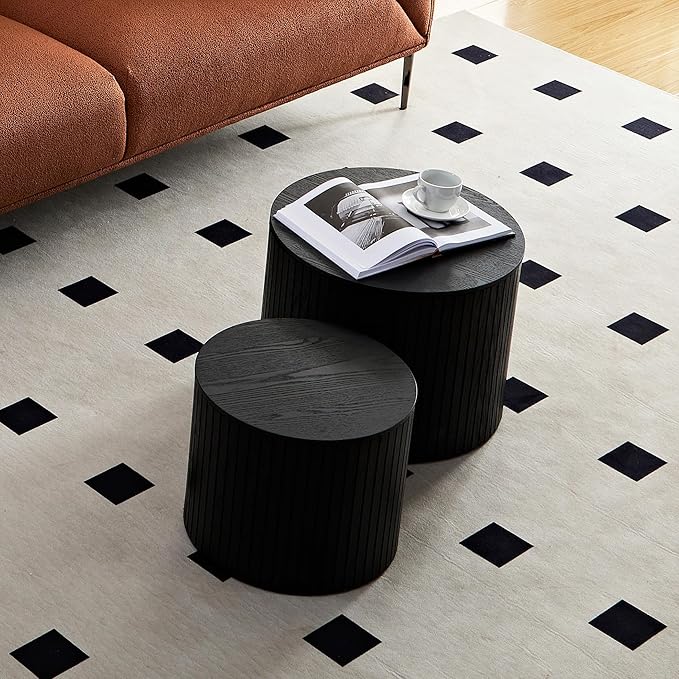 Round Storage Side Table Set of 2, Nesting Coffee Tables with Hidden Storage, Modern Wood Accent End Table for Living Room, Bedroom, Small Space, Minimalist Bedside Table, No Assembly(Black)