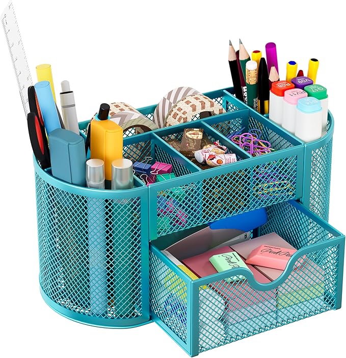 EasyPAG Mesh Desk Organizer, Multi-functional Stationery Organizer for School Supplies, Office Pen Holder for Desk, 9 Compartments Dorm Organization with Drawer, Blue
