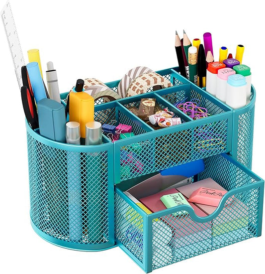 EasyPAG Mesh Desk Organizer, Multi-functional Stationery Organizer for School Supplies, Office Pen Holder for Desk, 9 Compartments Dorm Organization with Drawer, Blue
