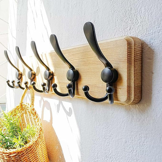 Dseap Coat Rack Wall Mount - Heavy-Duty Robust Rustic Wooden Wall Coat Hanger Hook Rail with 5 Triple Hooks for Winter Jacket & Hat Clothing, Light Brown & Black