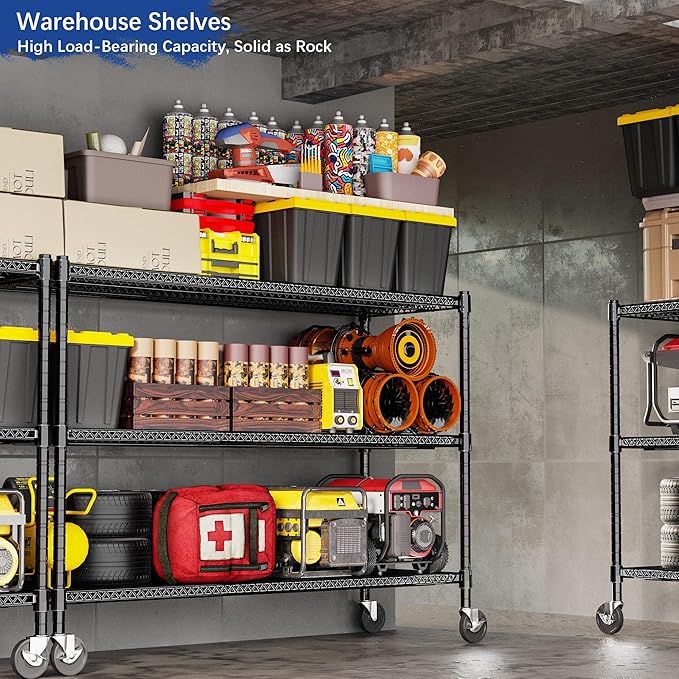 GIOTORENT 3-Tier Heavy Duty Storage Shelves with Wheels, 59.6" W x 24" D x 51.6" H, 1500LB Capacity Mobile Metal Shelving Unit, 1IN Adjustable Height for Garage & Warehouse, Black
