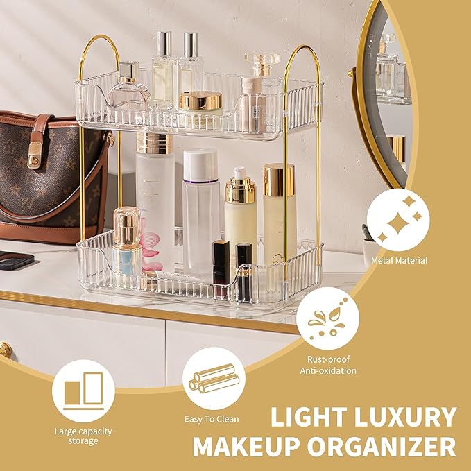 2 Tier Bathroom Organizer Countertop Makeup Perfume Tray Skincare Organizer for Bathroom Dresser Vanity (White)-NeatNest