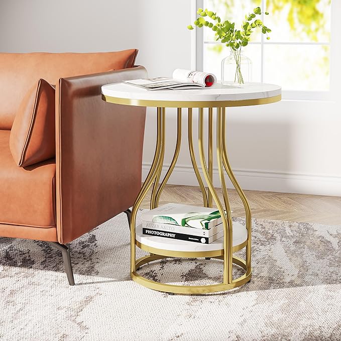 Tribesigns Round Side End Table 2-Tier End Tables Modern Bedside Table Small Chirside Tables with Storage for Couch Side, Nightstand with Metal Frame for Living Room (1, White+Gold)