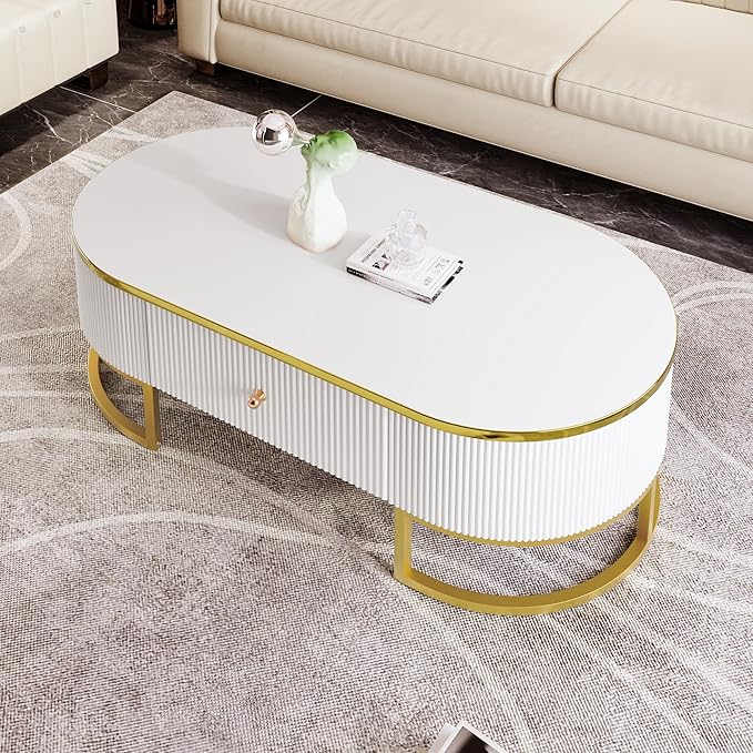 47.2" Modern Oval Coffee Table with Drawers, Curved Profile Design, Gold Metal Decor End Tables Sofa Table for Living Room Office Bedroom Balcony, White & Gold