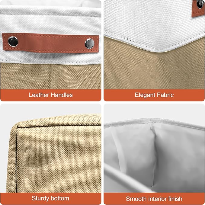 11in Open Fabric Storage Basket with Leather Handles for Organizing, Collapsible Linen Closet Bins for Shelves, Closets, Laundry, Decorative Basket for Gifts. (White＆Khaki, 3PCS/11x11in)-NeatNest