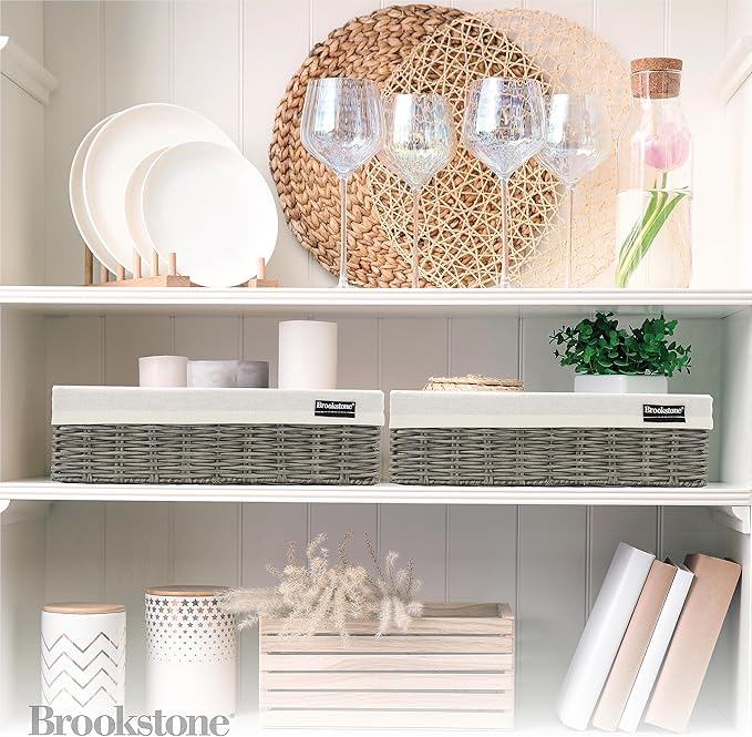 Brookstone Wicker Shelf Storage Basket Decorative Shelf Bin, bathroom organizers and storage, Boho Living Room Decor, Summer Storage 2025-2 Pack-NeatNest