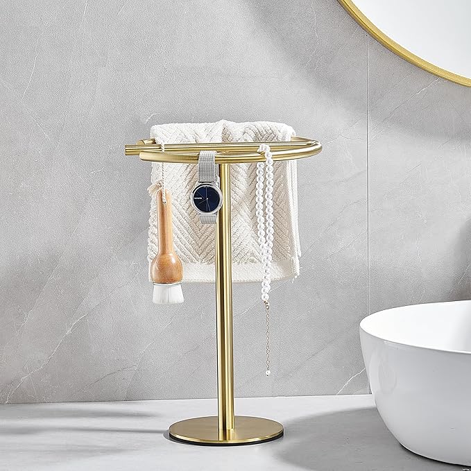 Hand Towel Holder Stand, Free-Standing Towel Rack Brushed Gold, SUS304 Stainless Steel Towel Bar Rack Stand, Tower Bar for Bathroom Kitchen Vanity Countertop