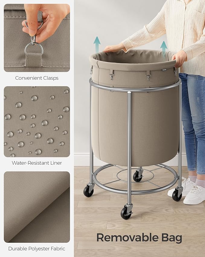 SONGMICS Laundry Basket with Wheels, Rolling Laundry Hamper, 45 Gal., Round Laundry Cart with Steel Frame and Removable Bag, 4 Casters and 2 Brakes, Camel Brown and Metallic Silver URLS001N01