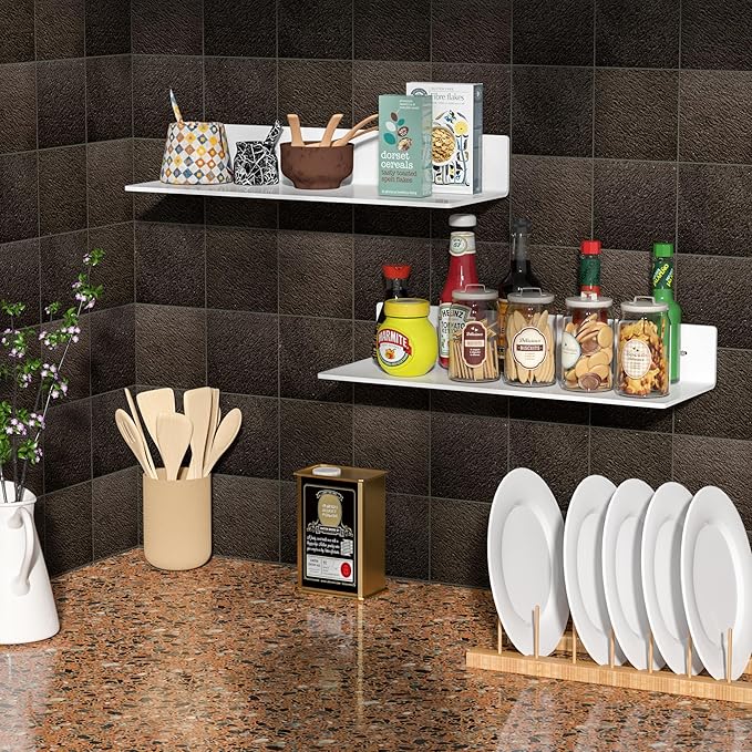 2 Pack White Acrylic Floating Shelves 15 Inches, Wall Hanging Bathroom Shelves, Wall Storage Shelf for Kitchen, Dining Room, Living Room, Bedroom, Bathroom, Retail, Supermarket-NeatNest
