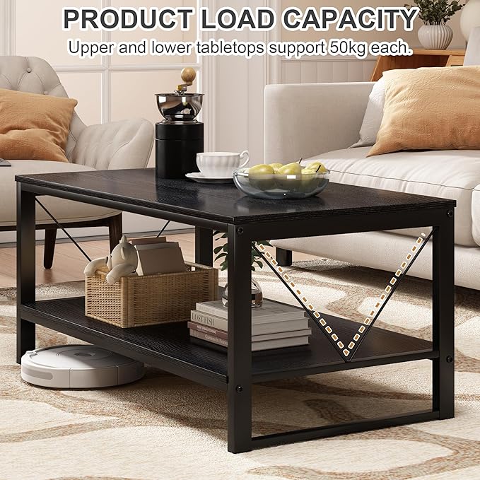 Rectangle Coffee Table Tea Table with Storage Shelf, Farmhouse Wooden Coffe Table for Living Room Table, 40" Rustic Center Table 2-Tier Minimalist Coffee Table Easy Assembly (Black)-NeatNest