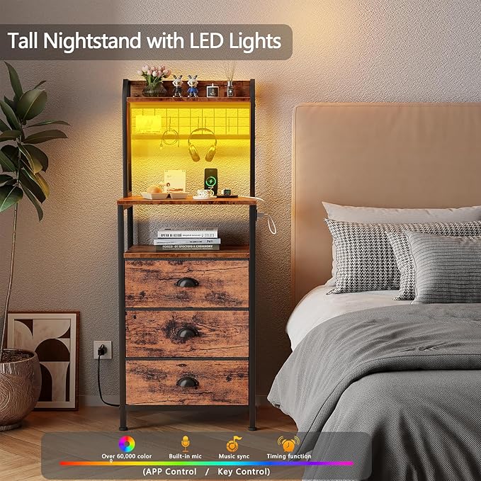 Furologee 44'' Tall Nightstand with Charging Station, Bedside Table with LED Lights, End Table with 3 Drawers and Storage Shelves, Night Stand with Pegboard for Bedroom, Rustic Brown