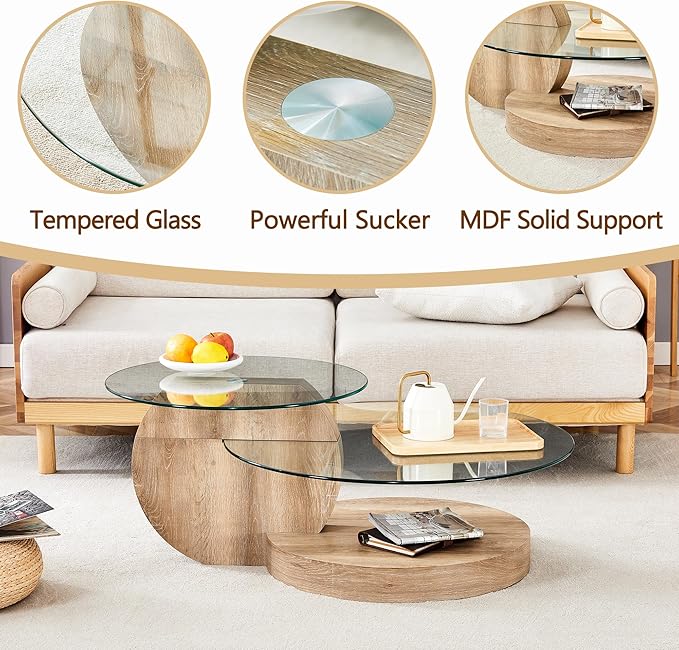 Glass Coffee Tables Round Coffee Tables for Living Room Modern 3 Tier Round Table Circle Coffee Table for Small Space Home Office (42 Inch Light Wood)