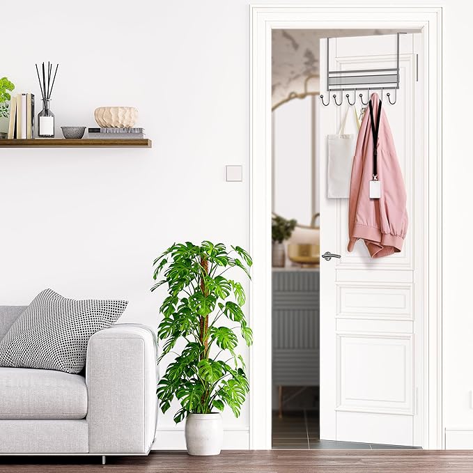 Deco Brothers Over The Door Hook Organizer with 6 Hooks, Silver-NeatNest