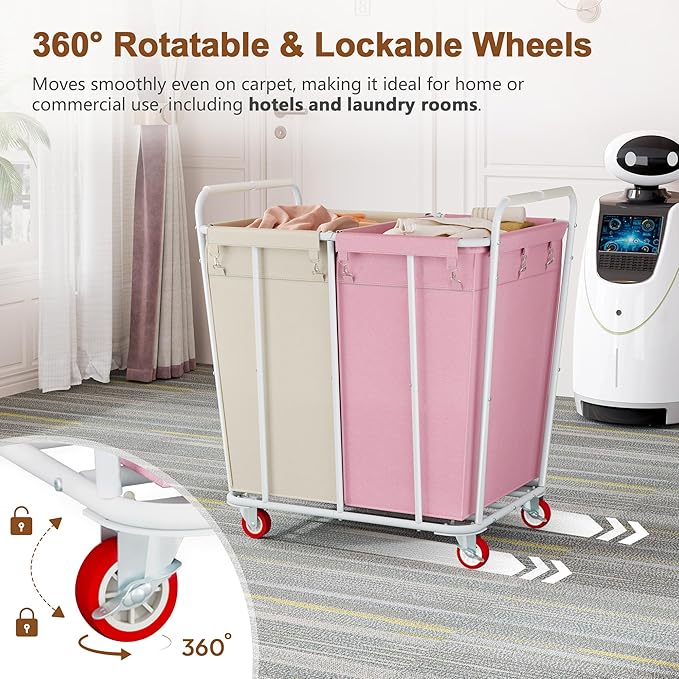 Hoctieon 2 Section Laundry Sorter Cart, 400L Rolling Hamper with Wheels, Industrial Laundry Basket Organizer, Extra Large Dirty Clothes Hamper for Home & Hotel, Heavy Duty, Pink+Beige-NeatNest