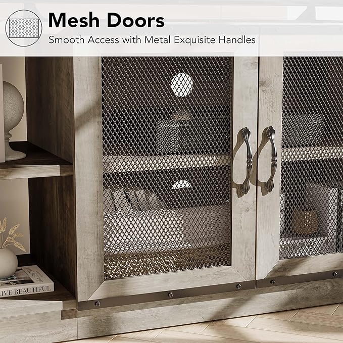 CABIHOME Farmhouse TV Stand for 65/75 Inch TVs, Entertainment Center with Storage Cabinet and Mesh Doors, Industrial Media Console Table, Furniture for Living Room, Light Grey-NeatNest