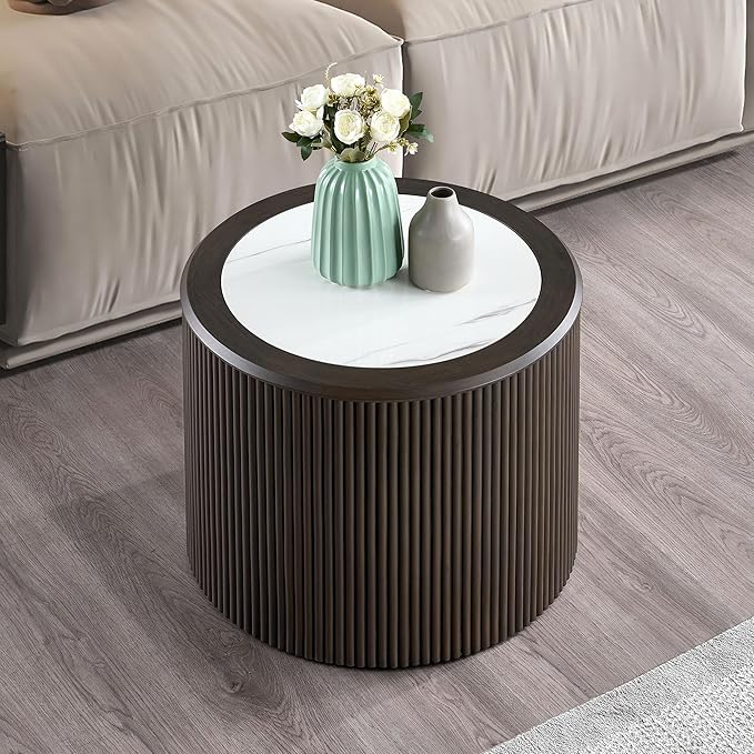 23.62" Round Coffee Table for Living Room,Modern Marble Pattern End Small Side Table with Sturdy Pedestal for Bedroom,Dark Brown