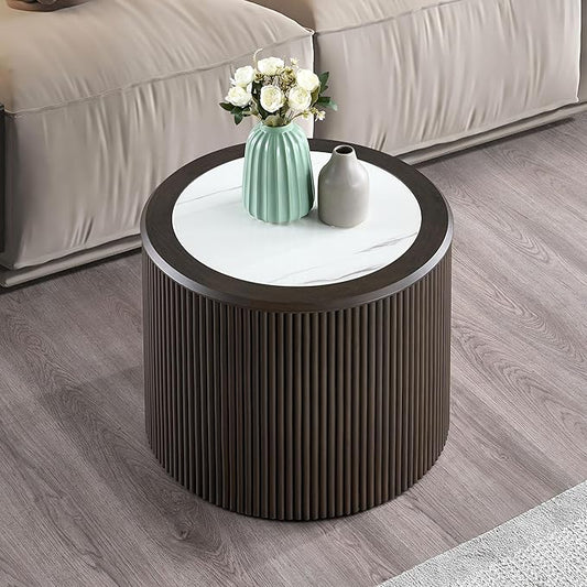 23.62" Round Coffee Table for Living Room,Modern Marble Pattern End Small Side Table with Sturdy Pedestal for Bedroom,Dark Brown