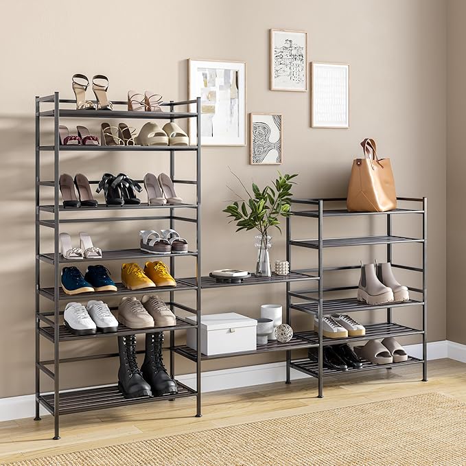 Seville Classics Sturdy Freestanding Storage Shelf for Bedroom, Closet, Entryway, Dorm Room Organizer, Stackable Durable Metal Shoe Rack, Espresso Slat, 3-Tier (2-Pack)-NeatNest