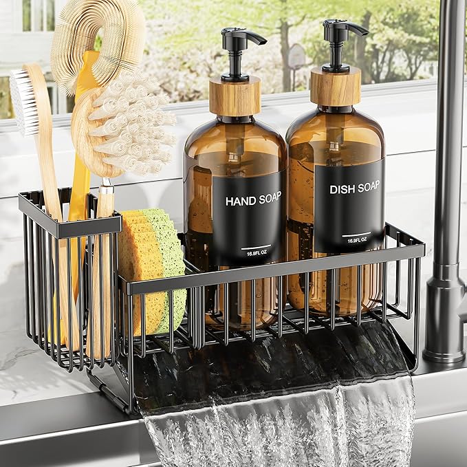 Cisily Kitchen Dish Soap Dispenser Set with 2 Pack Amber Glass, Kitchen Soap Dispensers with Adjustable Black Sink Caddy, Vintage Kitchen Soap Dispenser Set, Hand and Dish Soap Dispensers Set-NeatNest