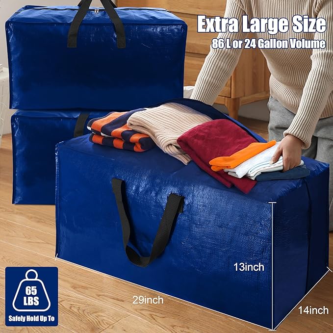 Cosy Family 4 Pack Heavy Duty Extra Large Moving Bags with Backpack Straps - Strong Handles & Zippers, Storage Totes For Space Saving, Fold Flat, Alternative to Moving Box (X-Large-Set of 4, Blue)-NeatNest