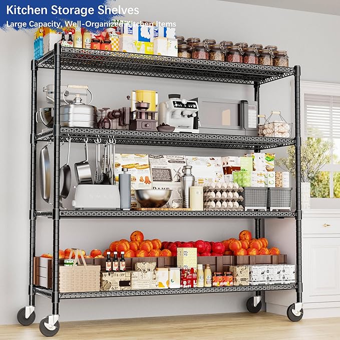 GIOTORENT 4-Tier Heavy Duty Storage Shelves with Wheels, 59.6" W x 24" D x 76.2" H, 2000LB Capacity Mobile Metal Shelving Unit, 1IN Adjustable Height for Garage & Warehouse, Black