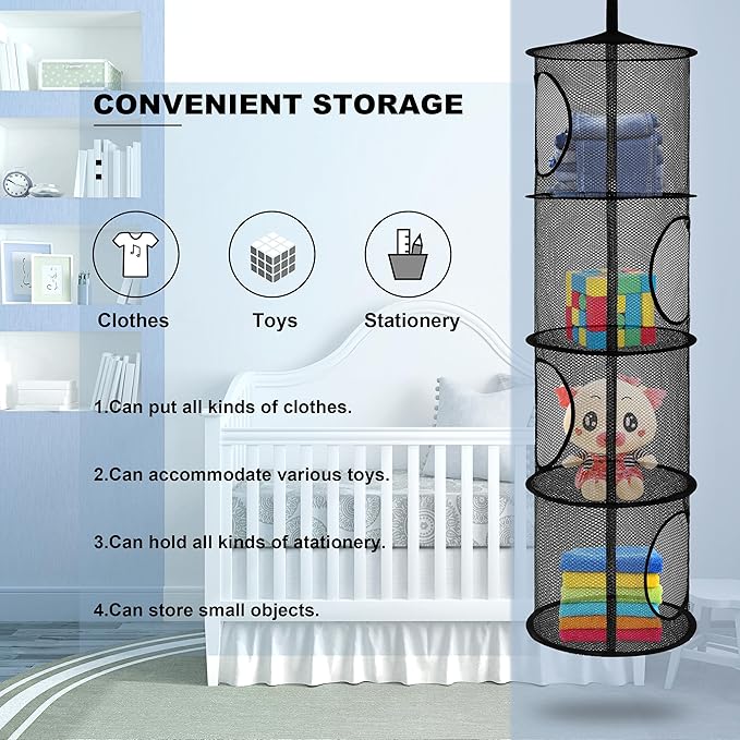 2Pcs Stuffed Animal Storage Organizer Foldable Stuffed Animal Net or Hammock Organizer, 4 Compartments Hanging Mesh Toy Storage Hammock for Kid Room Toys, Gloves, Hats, Socks(Black)-NeatNest