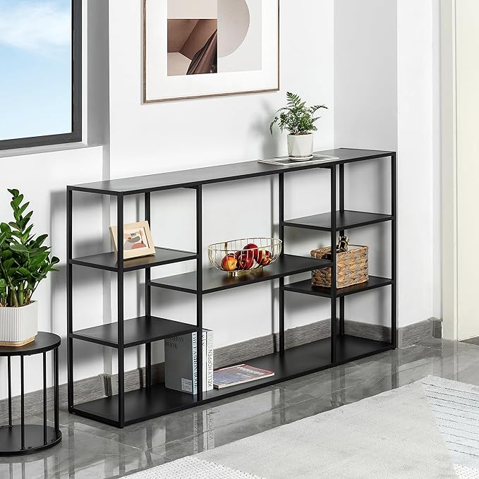 55 Inch Metal Console Table with 8 Storage Shelves,Extra Long Entryway Table,Narrow Sofa Table,Hallway Table for Entrances to Corridor, Foyer,Living Room (Black, 55.12×11.81×31.5in)-NeatNest